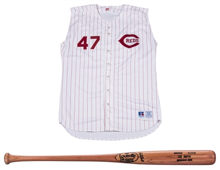 Lot of (2) 1996 Lee Smith Game Used Cincinnati Reds LSV R205 Model Bat & Sleeveless Jersey (Also Signed) (Smith LOA)